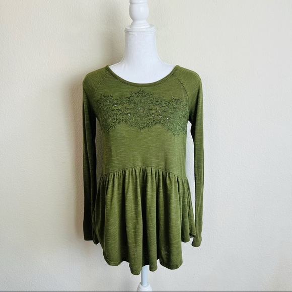 Olive Green Embroidered Crochet Peplum Long Sleeve Blouse - Picture 1 of 8